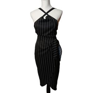 Lush Black White Pinstripe Open Back Criss Cross Shoulder Cutout Party Dress Med